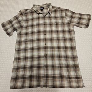 Patagonia Men's XL Brown Beige Blue Plaid Organic Cotton Short Sleeve Shirt
